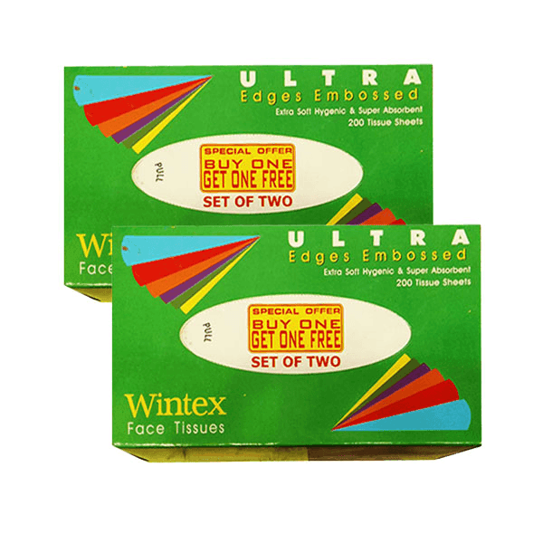 wintex ultra edges embossed face tissues 20*20 cms 200 sheets (buy 1 get 1 free)