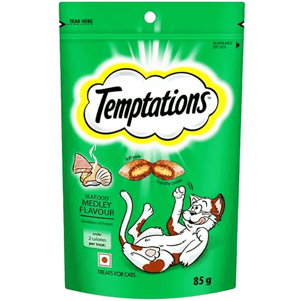 temptations seafood medley flavour cat food 85 gm