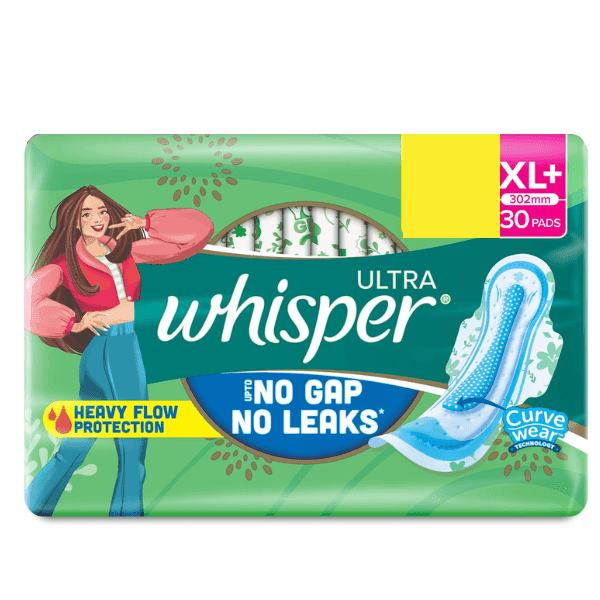 whisper ultra upto no gap no leaks curve wear sanitary pads (xl+) 30 pads