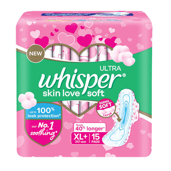 whisper ultra skin love soft sanitary pads (xl+) 15 pads