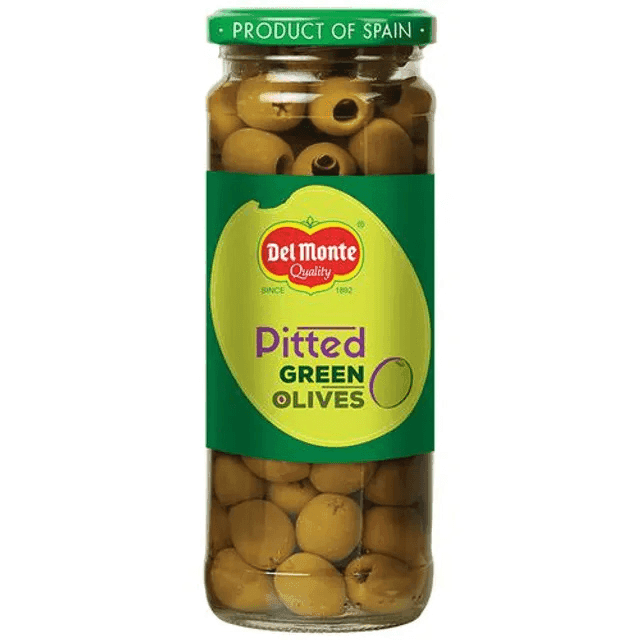 del monte pitted green olives 450 gm