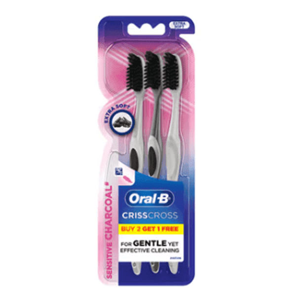 oral-b crisscross sensitive charcoal tooth brush (extra soft) (buy 2 get 1 free)