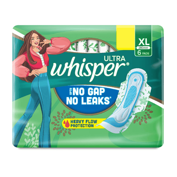 whisper ultra upto no gap no leaks curve wear sanitary pads (xl) 6 pads