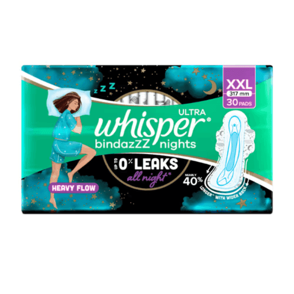 whisper ultra bindazzz nights up to 0% leaks all night sanitary pads (xxl) 30 pads
