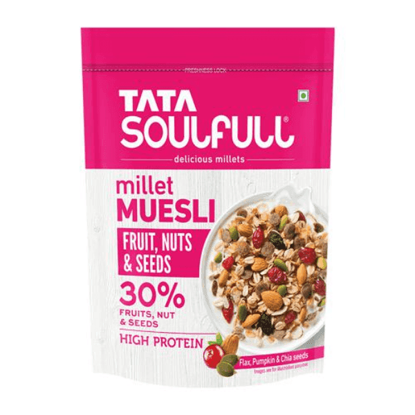 tata soulfull millet muesli 30% fruit, nuts & seeds 500 gm