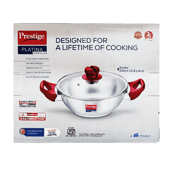 prestige platina popular stainless steel kadai dia 24 cm/2.8 ltr with glass lid 1 unit