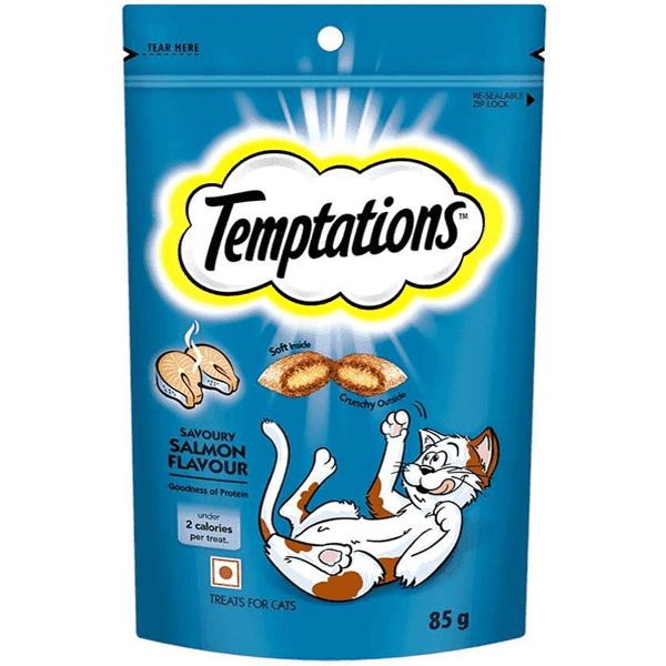 temptations savoury salmon flavour cat food 85 gm