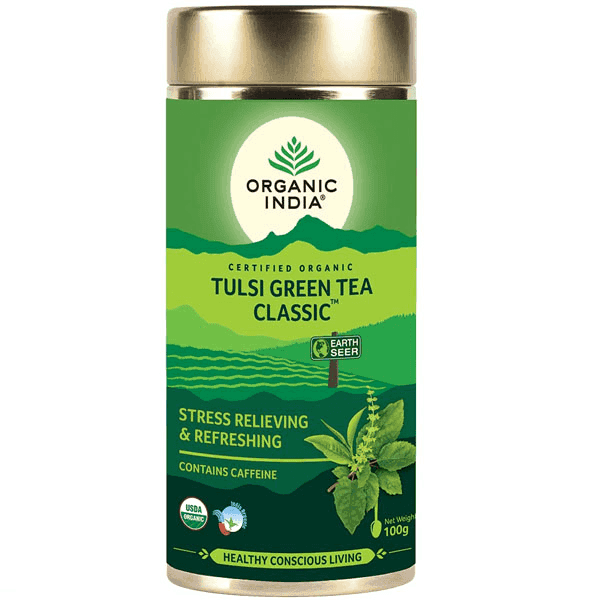 organic india tulsi green tea classic 100 gm (jar)