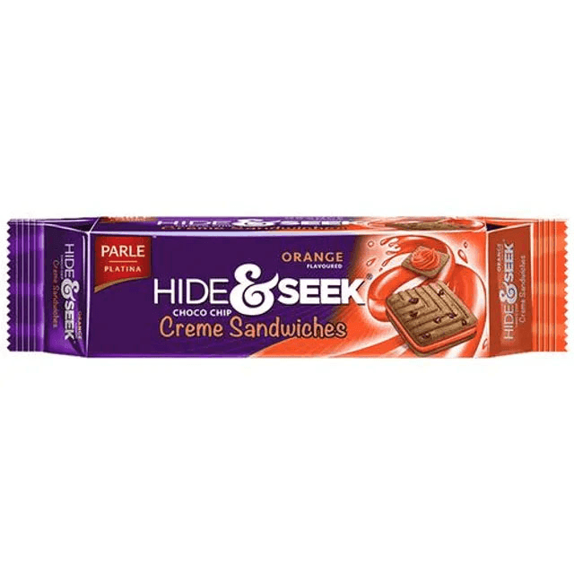 parle hide & seek orange flavoured choco chip creme sandwiches biscuits 100 gm