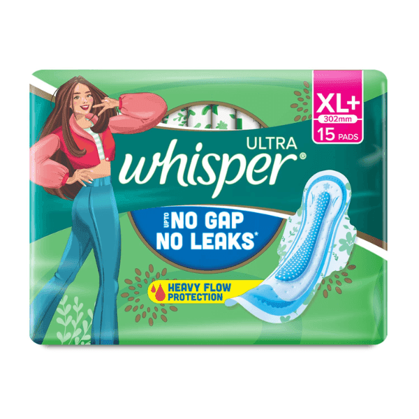 whisper ultra upto no gap no leaks curve wear sanitary pads (xl+) 15 pads