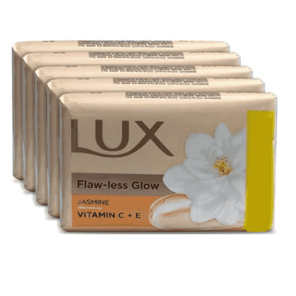 lux flaw-less glow jasmine vitamin c + e soap set 5*100 gm