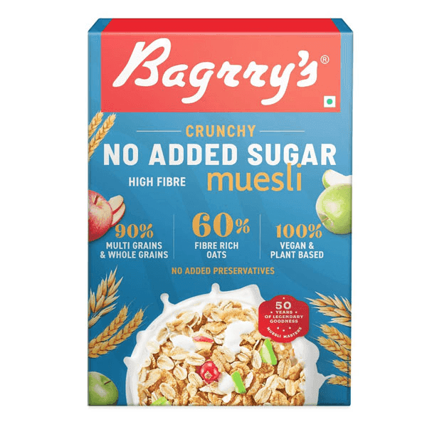 bagrry's no added sugar high fibre crunchy muesli 500 gm (box)