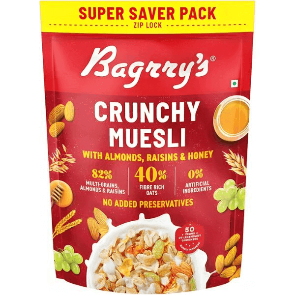 bagrry's almonds,raisins & honey crunchy muesli 750 gm (pouch)