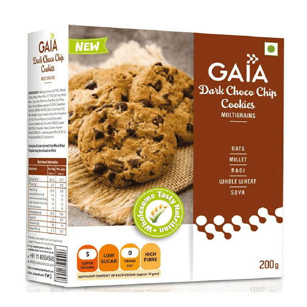 gaia dark choco chip cookies multigrain 200 gm