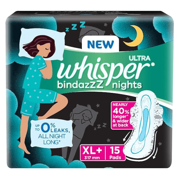 whisper ultra bindazzz nights sanitary pads (xl+) 15 pads