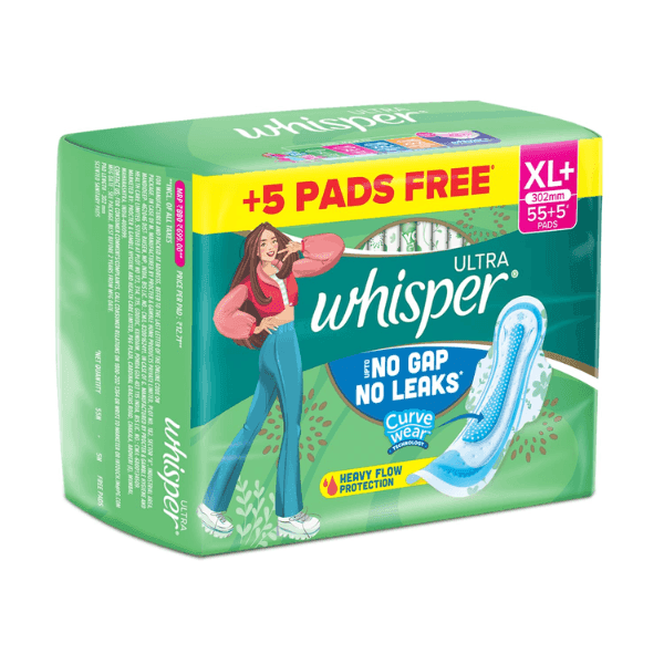 whisper ultra upto no gap no leaks curve wear sanitary pads (xl+) 55 pads