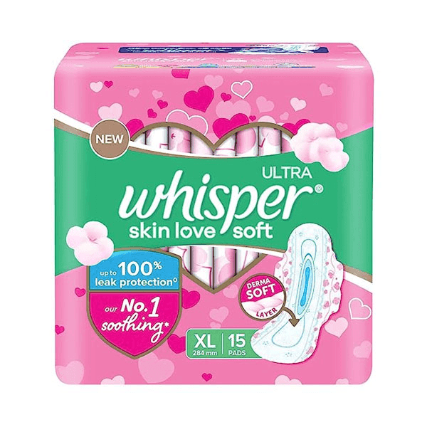 whisper ultra skin love soft sanitary pads (xl) 15 pads