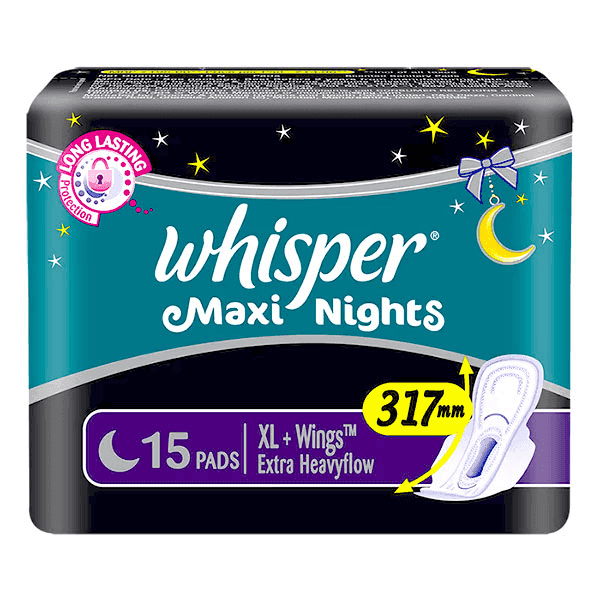 whisper maxi nights sanitary pads (xl+ wings) 15 pads