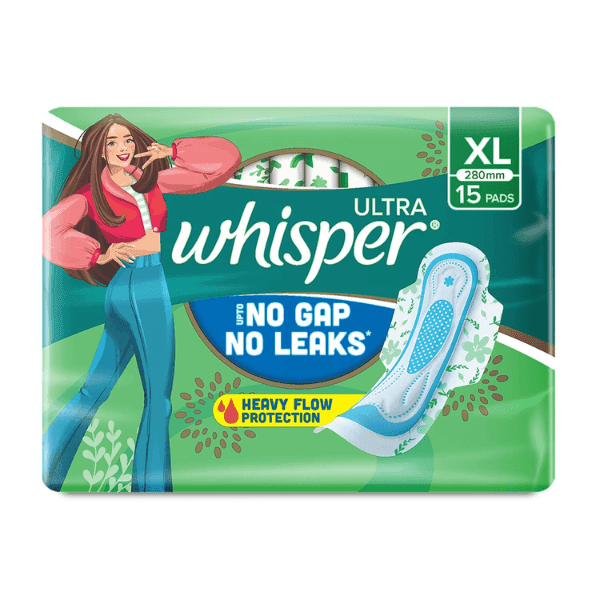 whisper ultra upto no gap no leaks curve wear sanitary pads (xl) 15 pads