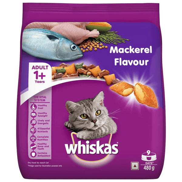 whiskas adult (1+ years) mackerel flavour cat food 480 gm