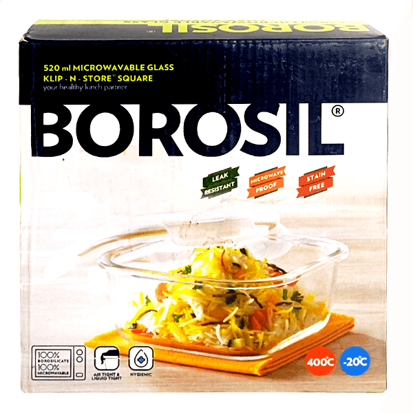 borosil 520 ml microwavable glass klip-n-store square lunch box 1 unit 
