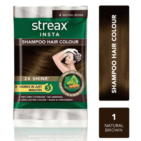 streax insta shampoo hair colour no.4 natural brown 9 ml + 9 ml