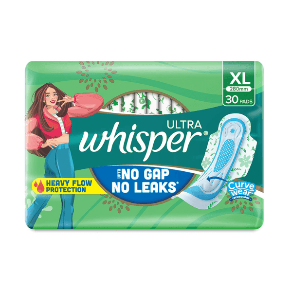 whisper ultra upto no gap no leaks curve wear sanitary pads (xl) 30 pads