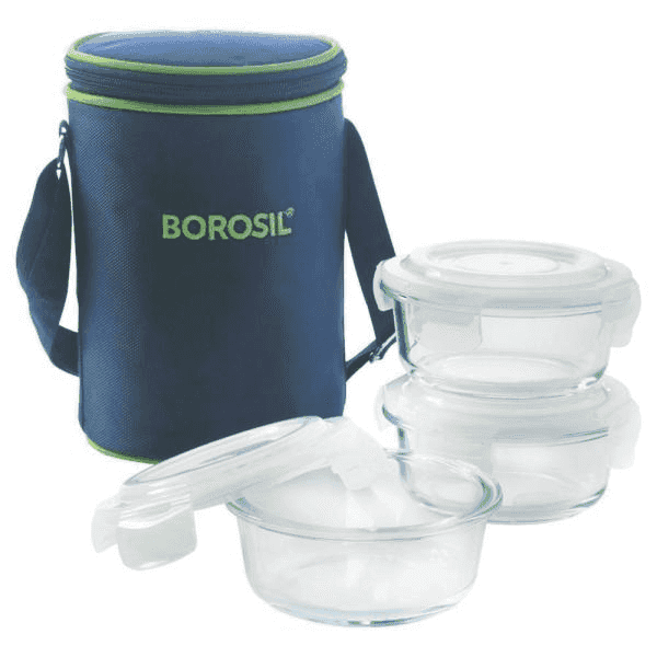 borosil microwavable glass lunch box set 3 pcs 400 ml (round)