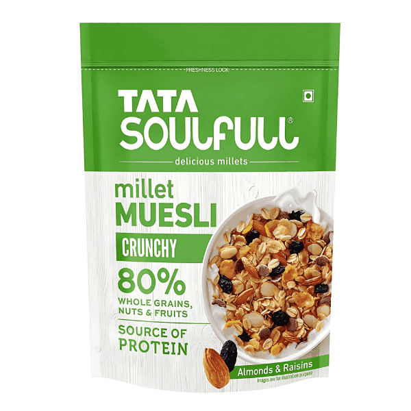 tata soulfull millet muesli crunchy 80% whole grains, nuts & fruits 500 gm 