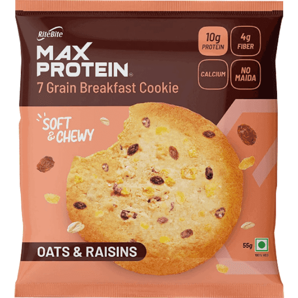 rite bite max protein oats & raisins 7 grain breakfast cookie 55 gm