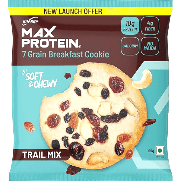 rite bite max protein trail mix 7 grain breakfast cookie 55 gm